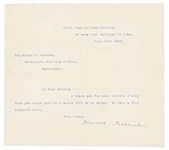 ROOSEVELT, THEODORE. Brief Typed Letter Signed, to Colonel Hiram P. Marston: